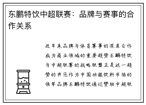 东鹏特饮中超联赛：品牌与赛事的合作关系