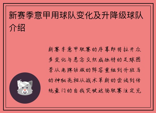 新赛季意甲用球队变化及升降级球队介绍