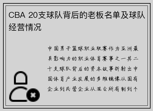 CBA 20支球队背后的老板名单及球队经营情况